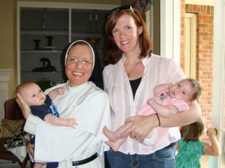 Hangin' with my sister: Jennifer Fulwiler with Sister Elizabeth Ann, one of the Sisters of Mary, Mother of the Eucharist (I’m the one in the pink shirt, Jennifer adds helpfully).
