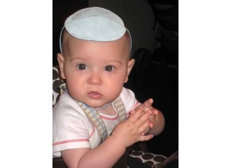 Fringe benefit of converting to Judaism? Baby yarmulke = cutest thing ever. Yes, it only stays on for 30 seconds, but it's a really cute 30 seconds.