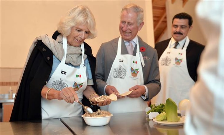 HIDALGO, MEXICO - NOVEMBER 02:  Prince Charles, Prince of Wales and Camilla, Duchess of Cornwall make pasties during their visit to the Pasty Museum i...
