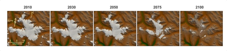 Image: Changes to glaciers through 2100 in the Canadian Rockies
