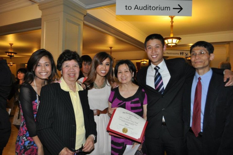 My-Duyen and her family at her son’s graduation from the North West School in 2012 at Seattle Town Hall. (L-R: daughter Sophia, mother in law, eldest daughter Christina, My-Duyen, son Christopher, and husband Joseph).