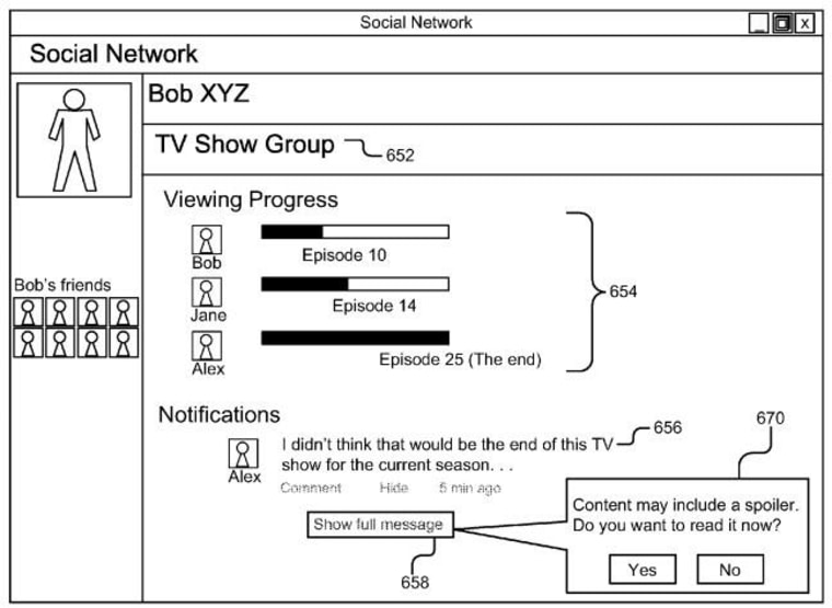 An illustration from Google's patent shows how a TV show watching group might see a spoiler warning.
