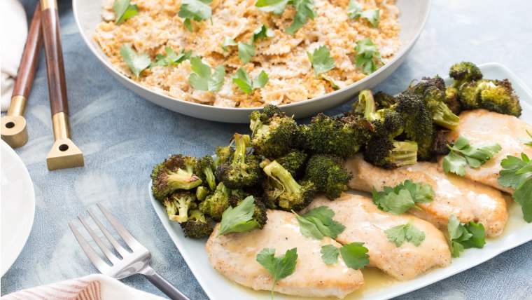 Chicken Scallopini with Roasted Broccoli and Whole Wheat Farfalle recipe