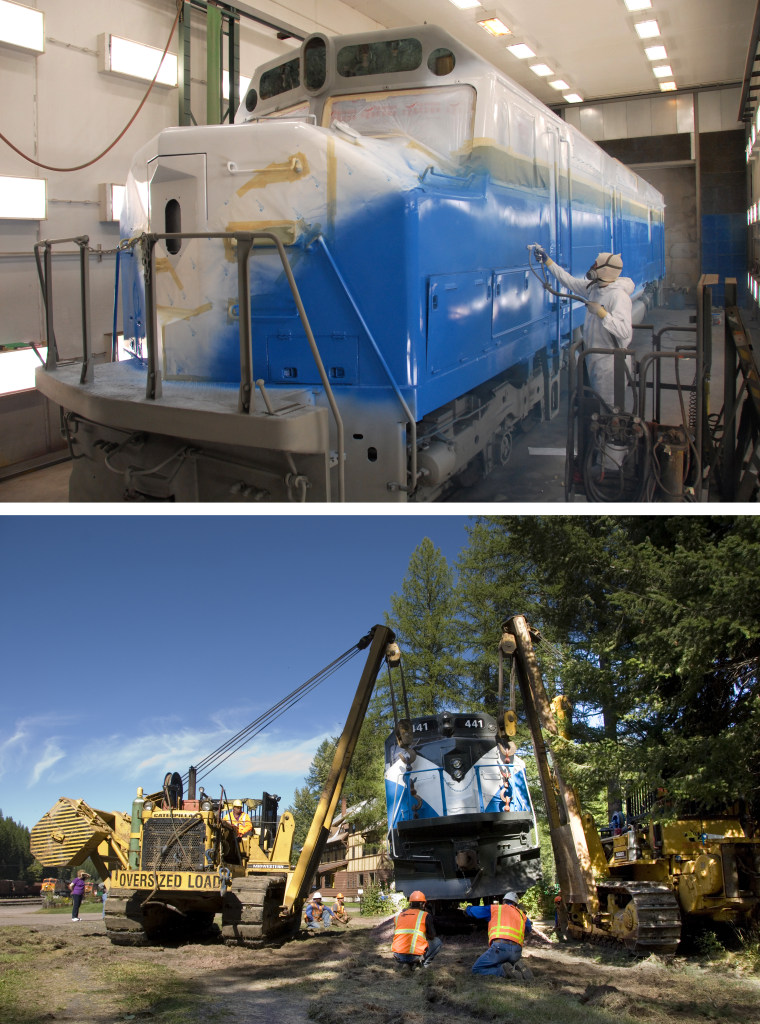 The Great Northern 441 locomotive getting painted and installed at the inn.