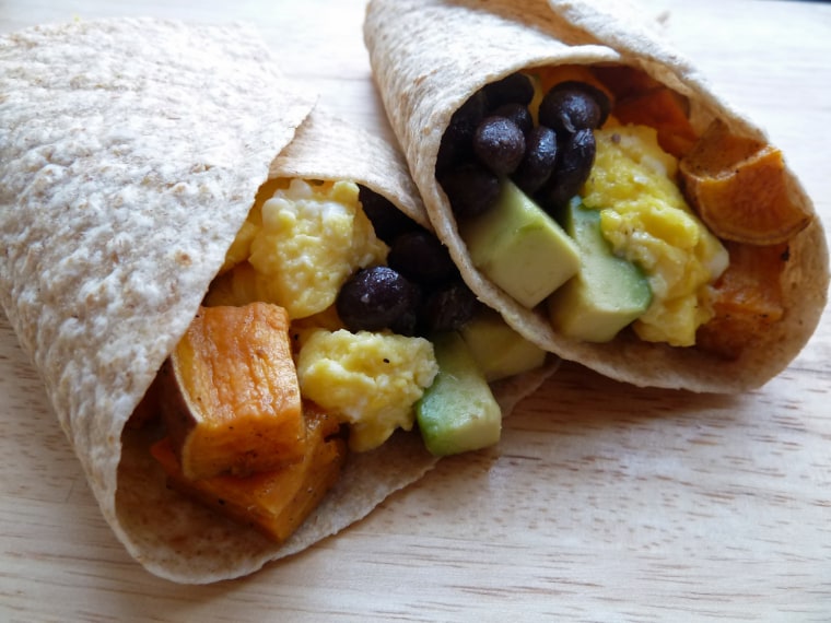 Breakfast burritos with sweet potatoes, black beans and avocado recipe