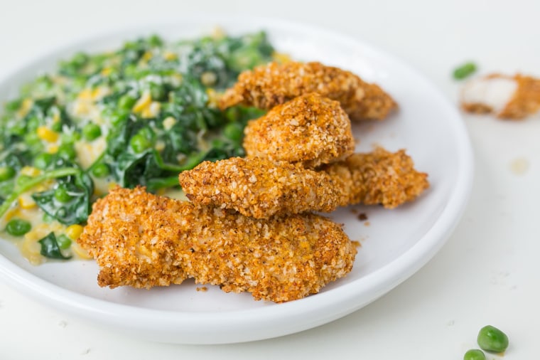 Panko-Crusted Oven-Fried Chicken with Buttered-Feta Corn, Peas, and Spinach