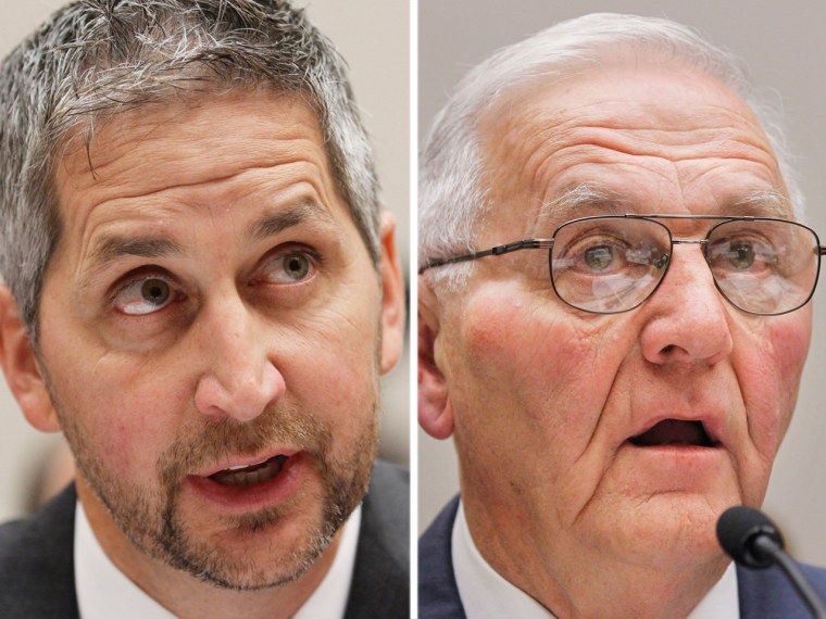 Egg industry executives Peter DeCoster, left, and his father Austin “Jack” DeCoster