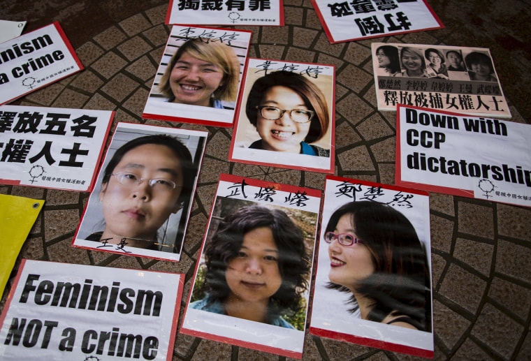 Image: Portraits of Chinese female activists are pictured during a protest calling for their release in Hong Kong