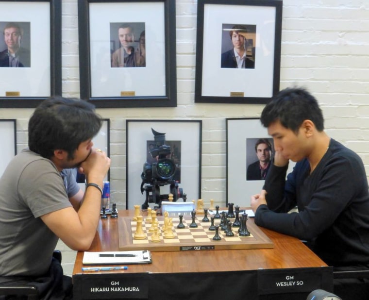Hikaru Nakamura (left) played Wesley So to a draw in their only match at the U.S. Chess Championships. Nakamura won the tournament and So finished 3rd.