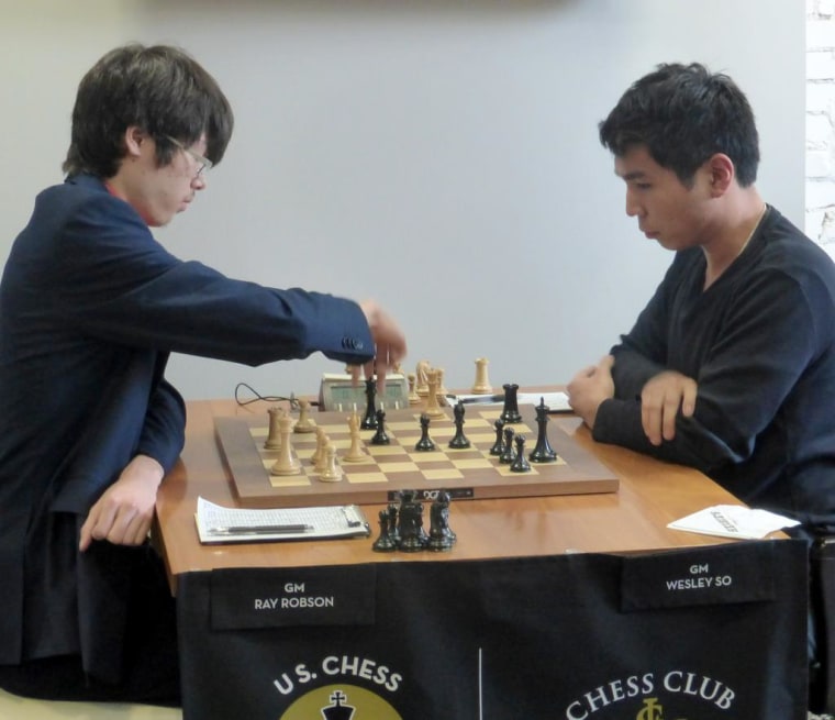Ray Robson (left) makes a move against Wesley So. Robson defeated his former roommate, the higher ranked So, in their match at the U.S. Chess Championships.