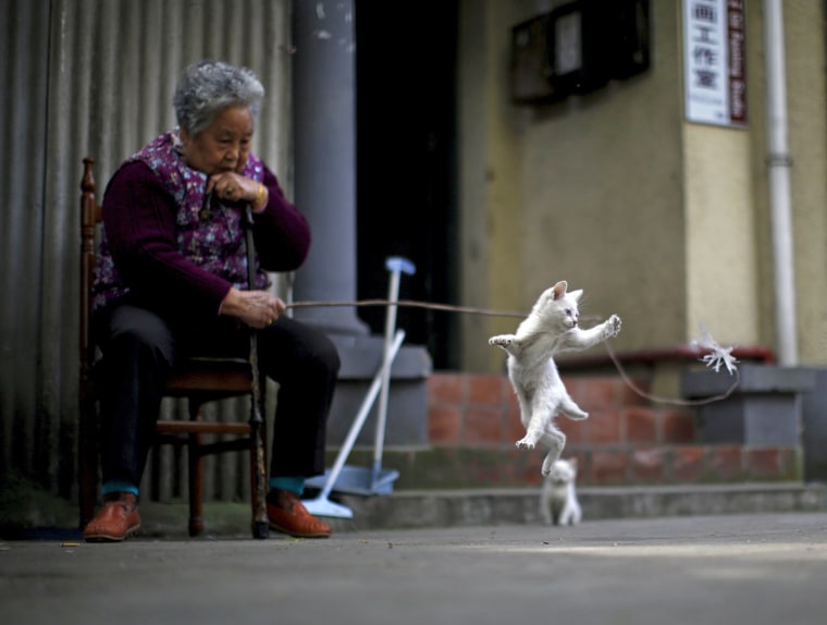 Image: A woman plays with a kitten inside of a line house in downtown Shanghai