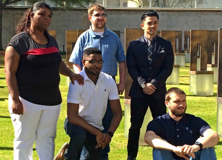 Image: Nekia McCloud, PJ Allen, Brandon Denny, Chris Nguyen and Joseph Webb (L-R) reunite for the first time in ten years at the Oklahoma City National Memorial and Museum in Oklahoma City, Oklahoma