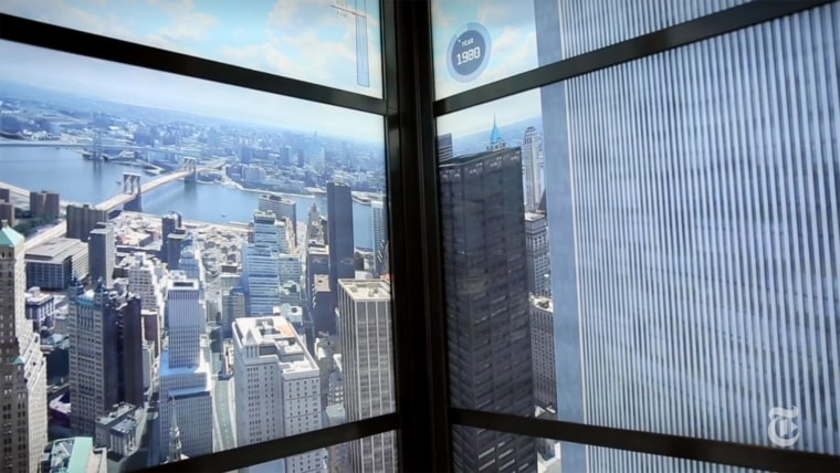 The doomed 1 World Trade Center north tower is seen in a time-lapse showing 515 years of the New York City skyline inside the elevators servicing the observatory atop the new 1 World Trade Center