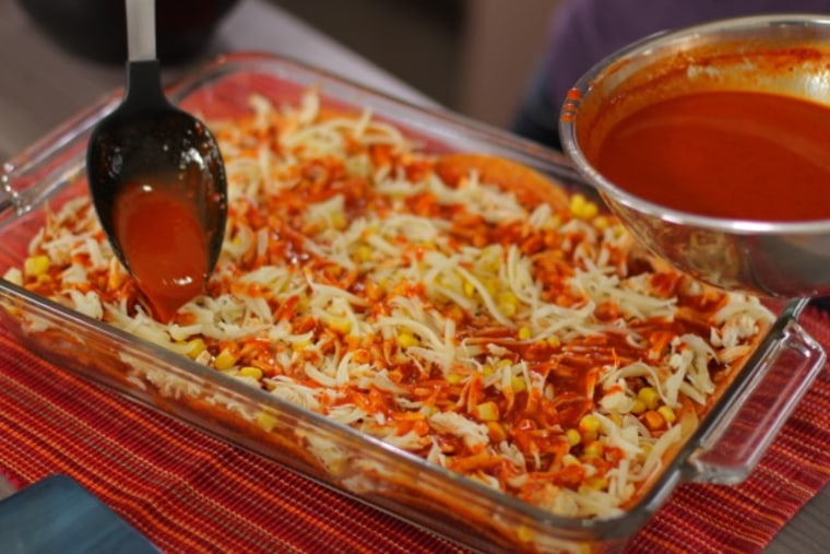 Assembling the enchilada casserole