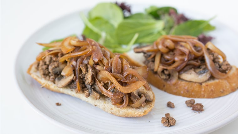 Skillet Beef and Mushroom Toasts with Baby Kale Salad