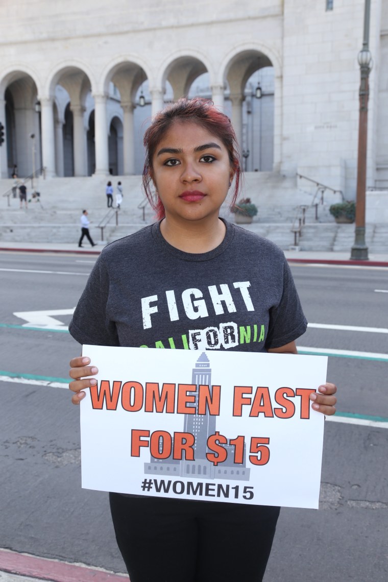 Anggie Godoy works at a McDonalds making the California minimum wage of $9 an hour. She is fasting outside the Los Angeles City Hall, hoping to convince city council members to raise the minimum wage to $15 an hour.