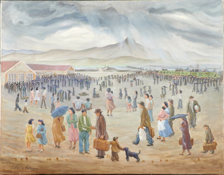 Among the many items from Japanese American internment camps, saved from auction by George Takei and others, an oil on canvas painting by Estelle Peck Ishigo.