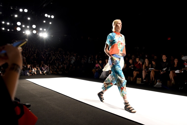Image: Socks and sandals in the Vivienne Tam fashion show at Mercedes-Benz Fashion Week Spring 2015