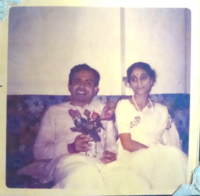 Celebrating with friends, shortly after their arrival (photographed with her husband, Ajoy Bhattacharjya)
