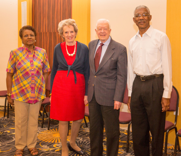Before leaving Georgetown on Sunday, May 10, former U.S. President Jimmy Carter and The Carter Center election observation delegation co-leaders — Dame Billie Miller of Barbados and Dame Audrey Glover of the United Kingdom — met with some of Guyana’s leaders.