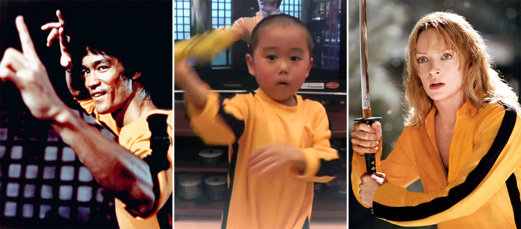 Bruce Lee in 'Game of Death,' his 5-year-old impersonator, and Uma Thurman from 'Kill Bill'