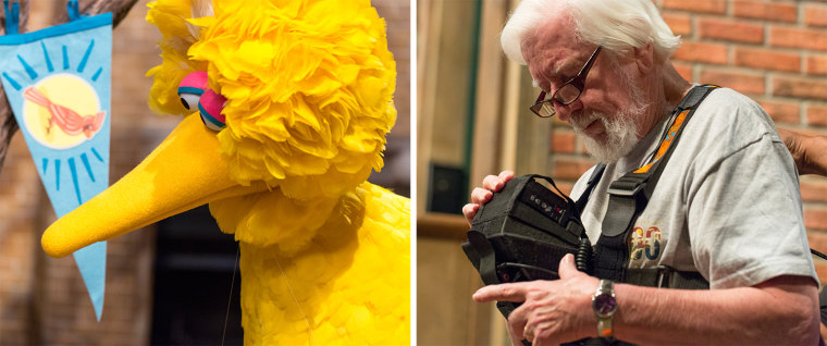 Caroll Spinney on the set of Sesame Street, portraying both Oscar the Grouch (voice only) and Big Bird