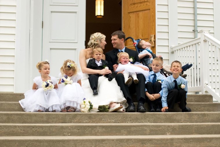 Jessica and Ryan had two weddings: one at a courthouse in April 2011, and a church wedding one month later in which their children all took part.