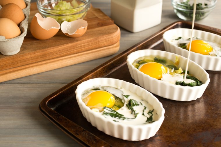 How to prepare Creamy Baked Eggs with Leeks and Spinach and variations: Antipasti Baked Eggs; Mediterranean Baked Eggs; and Breakfast Pizza Baked Eggs