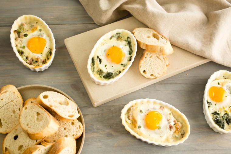 Creamy Baked Eggs with Leeks and Spinach and variations: Antipasti Baked Eggs; Mediterranean Baked Eggs; and Breakfast Pizza Baked Eggs