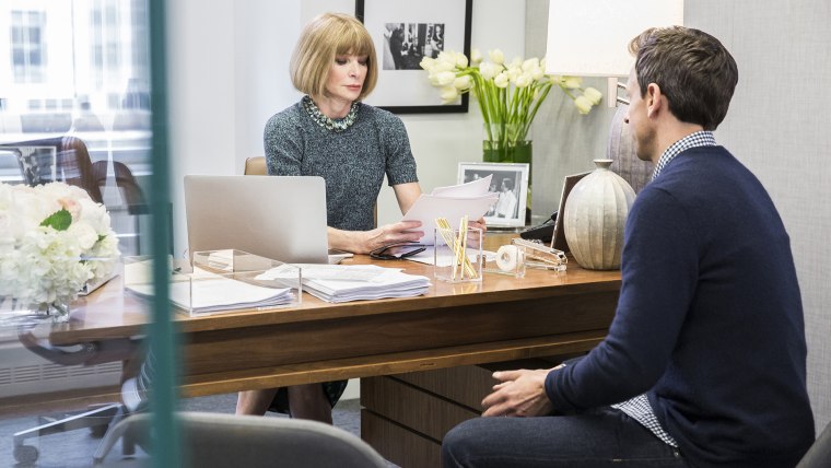 Anna Wintour and host Seth Meyers during the "Anna Wintour: Comedy Icon" skit May 6, 2015, Late Night with Seth Meyers - Season 2