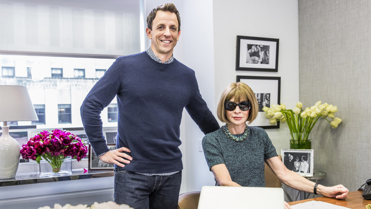 Seth Meyers and Anna Wintour during the "Anna Wintour: Comedy Icon" skit May 6, 2015, Late Night with Seth Meyers - Season 2