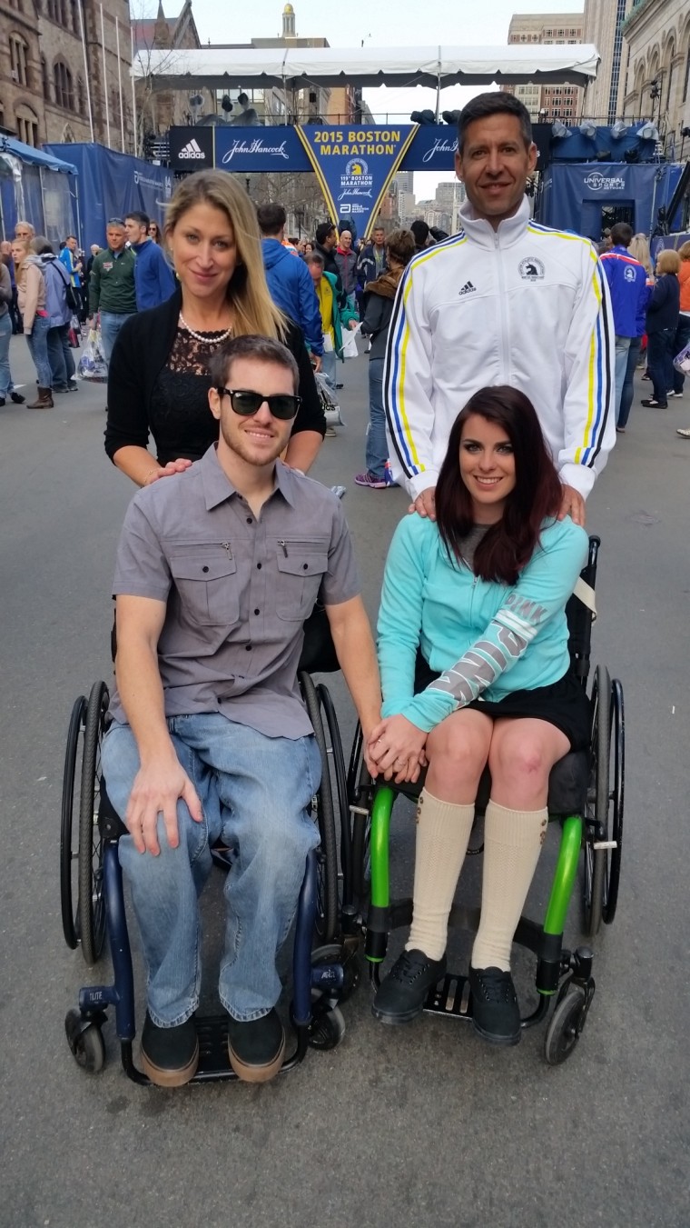 Clockwise from top left, Yara Goldstein and Matthew Goldstein, Jesi Stracham and Jordan Fallis appear at the Boston Marathon, which Matthew Goldstein ran to raise money for recipients of NeuroScaffold surgery.