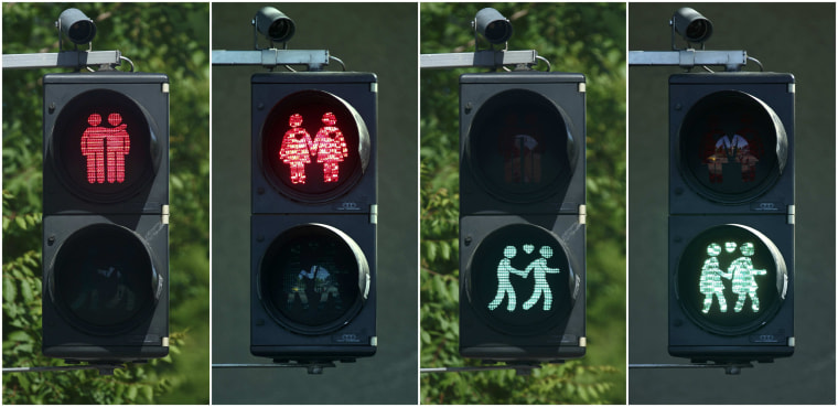 Image: A combination of photos shows gay-themed traffic lights in Vienna