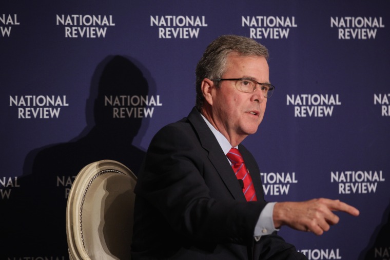 WASHINGTON, DC - APRIL 30:  Republican U.S. presidential hopeful and former Florida governor Jeb Bush participates in a discussion with the Editor of the National Review, Rich Lowry, during the National Review Institute 2015 Ideas Summit April 30, 2015 in Washington, DC. The three-day summit this year was focused on ''Why the future is conservative.''  (Photo by Alex Wong/Getty Images)