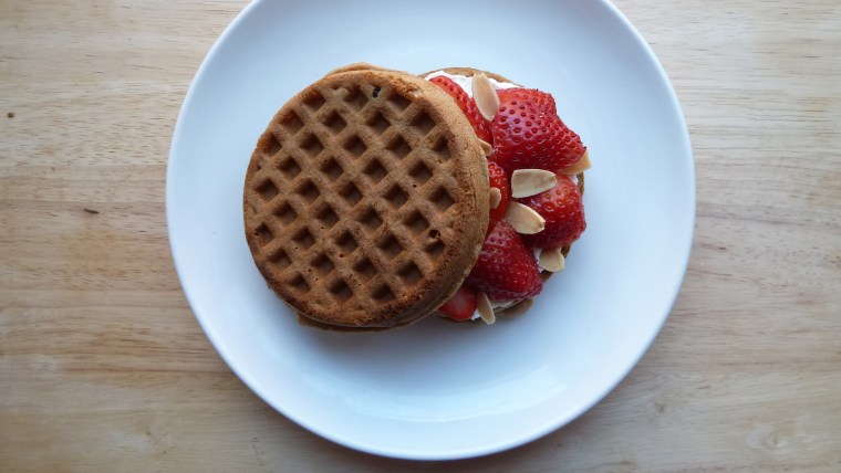 Waffle sandwich with strawberries and ricotta