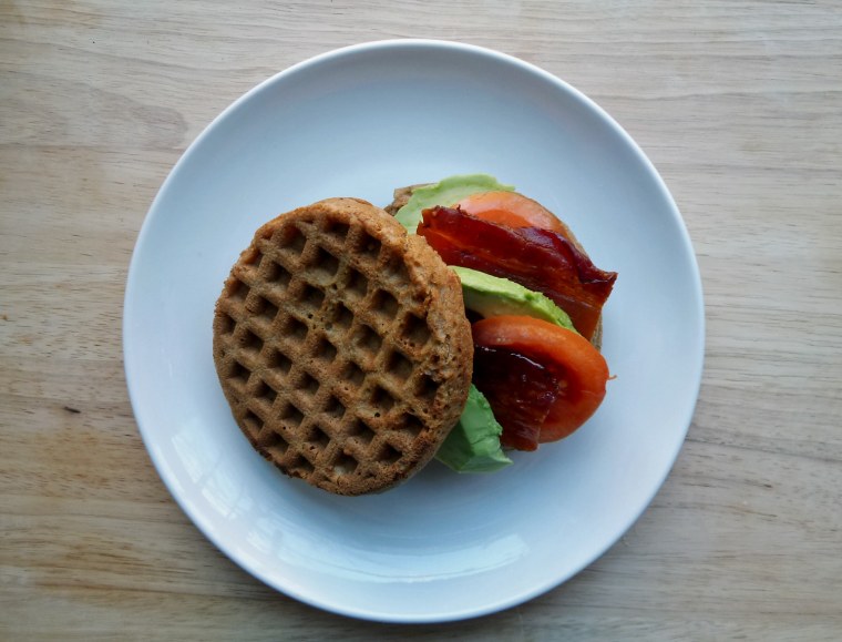 Waffle sandwich with bacon, avocado and tomato