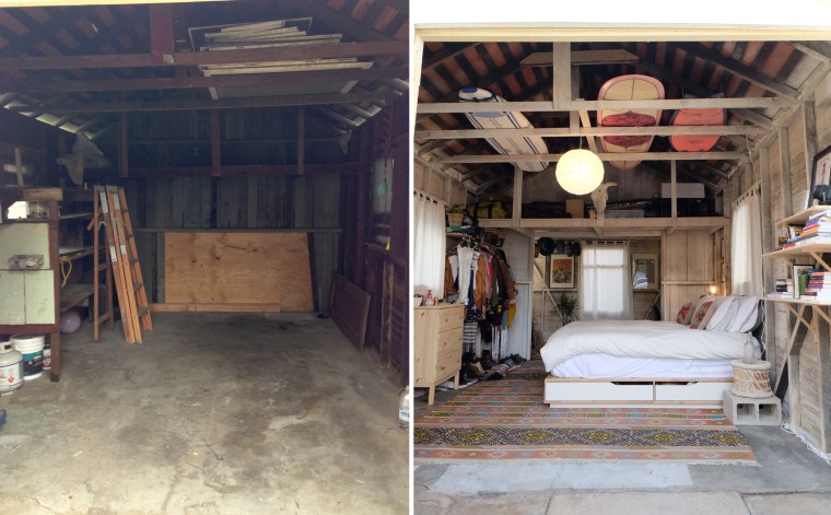 On the left is the garage before Brooke moved in. On the right is how it looks today.