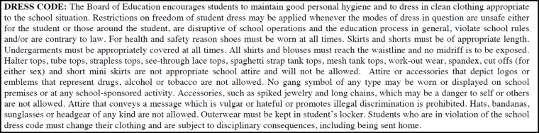 Shelton High school student handbook rules on dress code