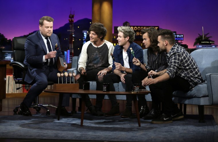 One Direction members Liam Payne, Harry Styles, Louis Tomlinson and Niall Horan join James Corden\'s Dodgeball appear on "The Late Late Show with James Corden"