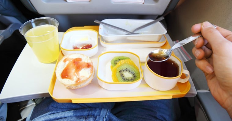 Airplane food tray with drinks