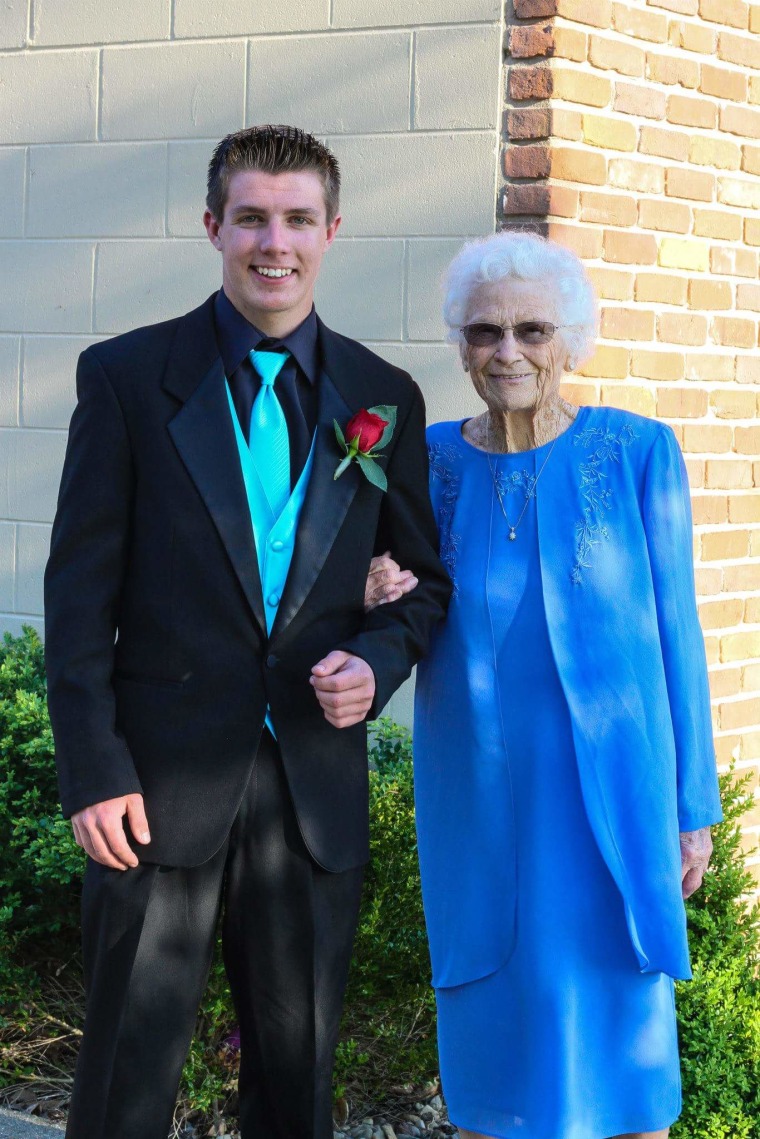 Drew Holm and his 93-year-old prom date, his great-grandmother Katie Keith