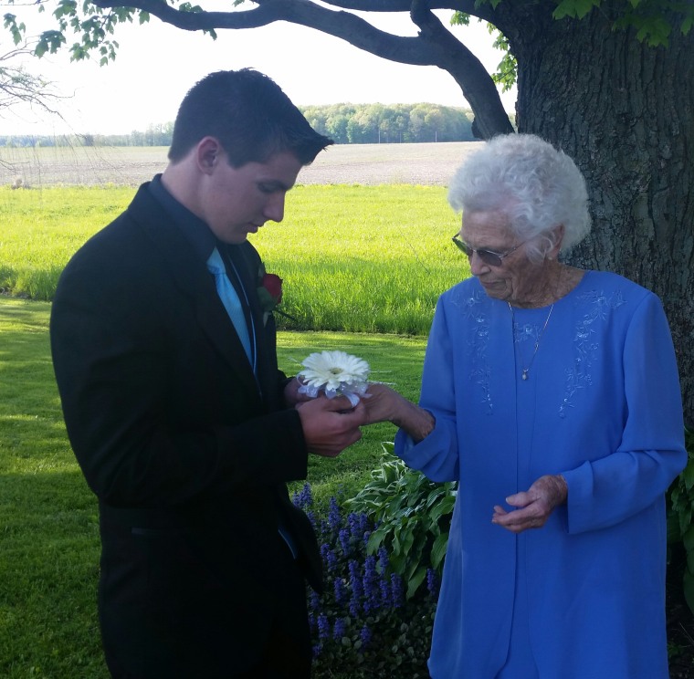 Drew Holm got his great-grandmother, Katie Keith, a corsage for prom.