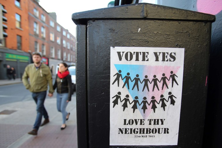 Image: A campaign poster encouraging voters to say 'Yes' to same-sex marriage in Dublin