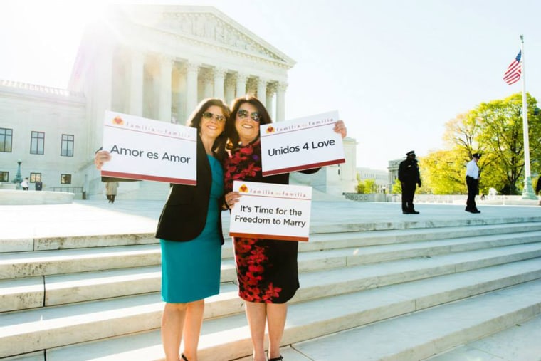 Photo caption: Ingrid Duran and Catherine Pino rallied outside the U.S. Supreme Court on April 28, 2015, the day the justices heard arguments on same-sex marriage.
Credit: Rodney Choice/Choice Photography