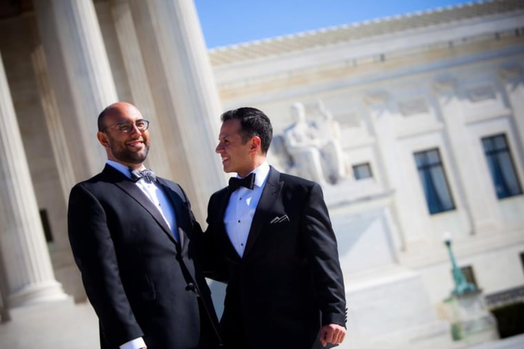 Ruben Gonzales and Joaquin Tamayo, both of whom grew up in Mexican American families, celebrated their wedding alongside their family on Nov. 5, 2011 in Washington, D.C. (Photo by: Vero Image)