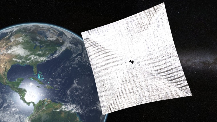 An artist's conception shows the Planetary Society's LightSail spacecraft in orbit.