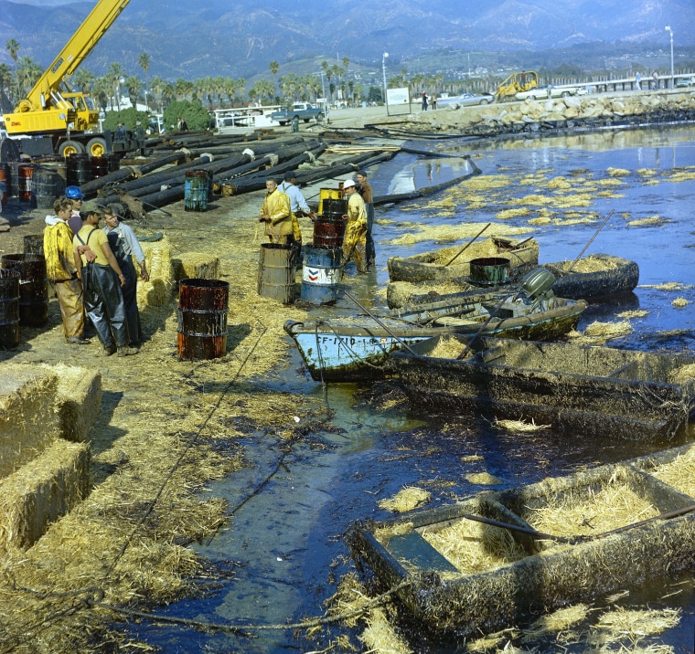 Workmen using pitchforks, rakes and shovels attempt to clean up oil-soaked straw from the beach at Santa Barbara Harbor, Calif., Feb. 7, 1969.