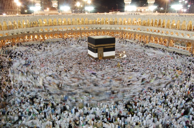 The circling of the Kaaba during the Hajj pilgrimage. Pilgrims must circle counter-clockwise seven times in the ritual known as Tawaf.