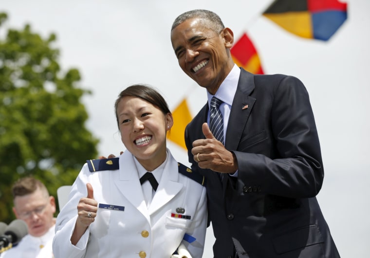 Image: Obama gives a thumbs up during the Coast Guard Academy Commencement in New London, Connecticut