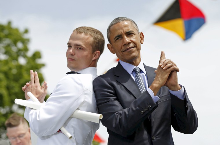 Image: Obama poses as James Bond at the Coast Guard Academy Commencement in New London, Connecticut